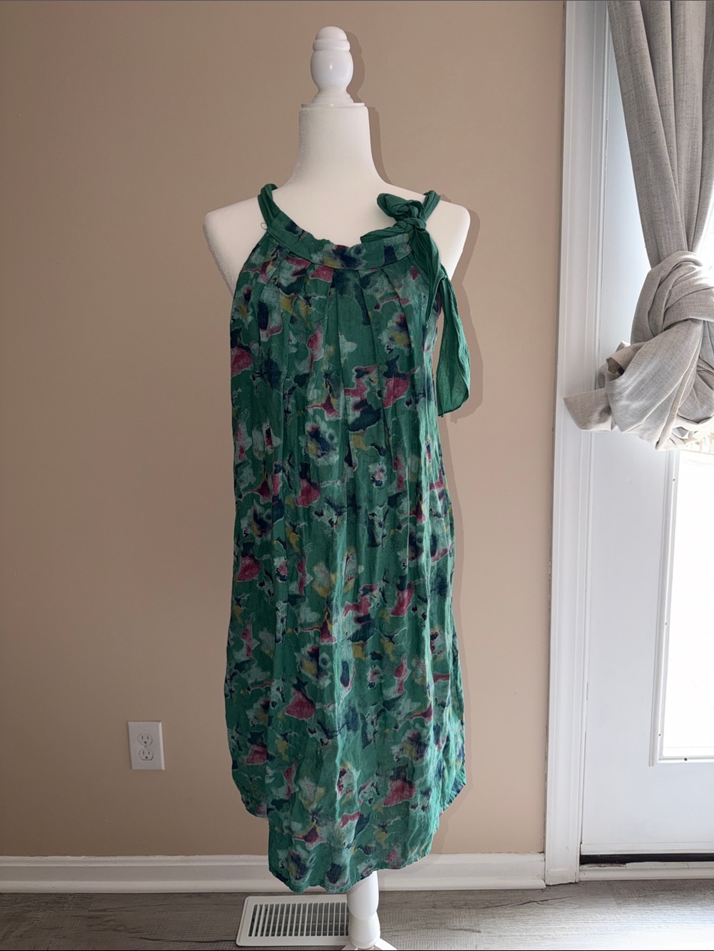 Green One-Shoulder Floral Tie-Shoulder Dress